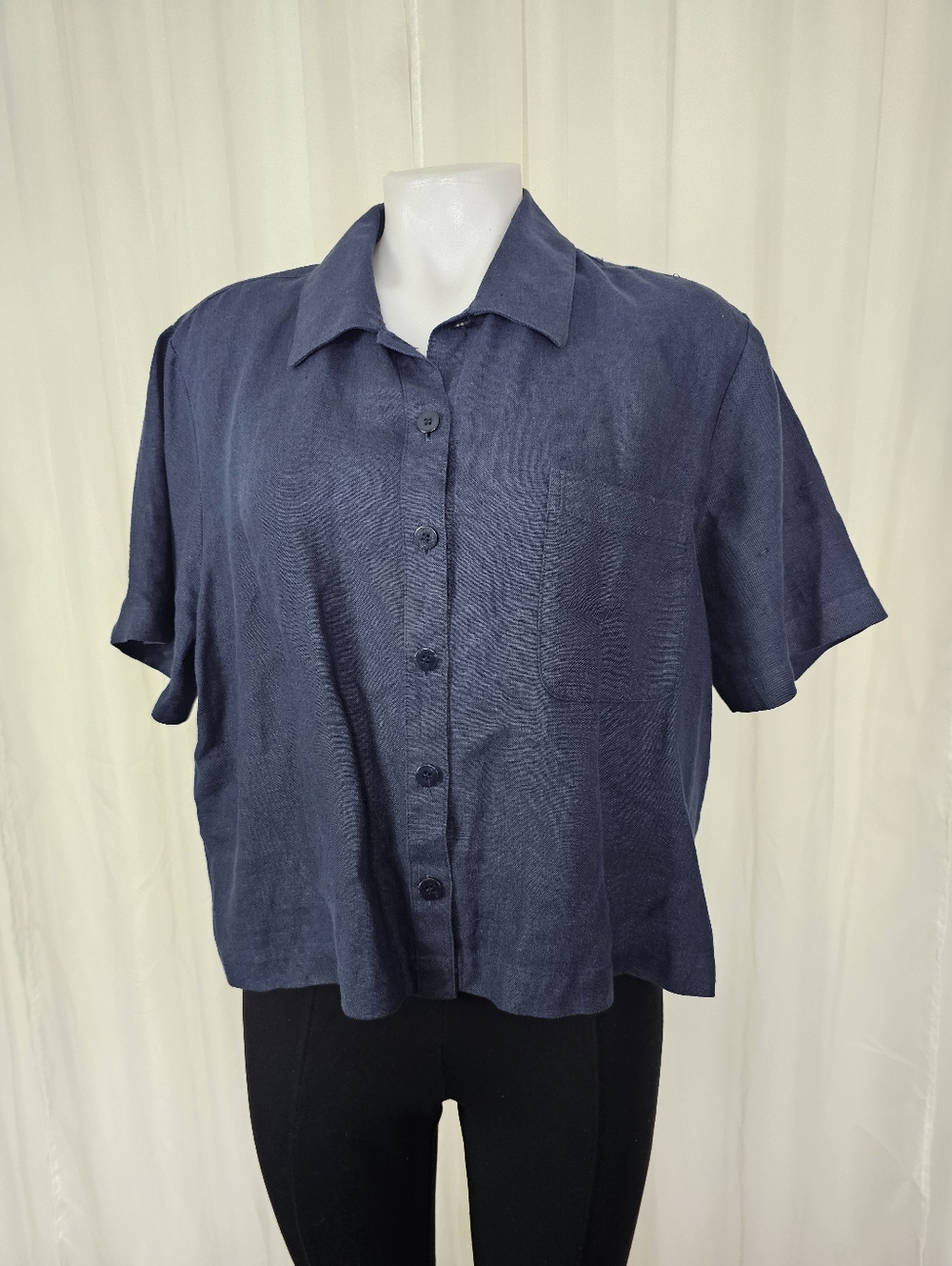Eileen Fisher Navy Blue Linen Short Sleeve Boxy Button Front Shirt Size Large